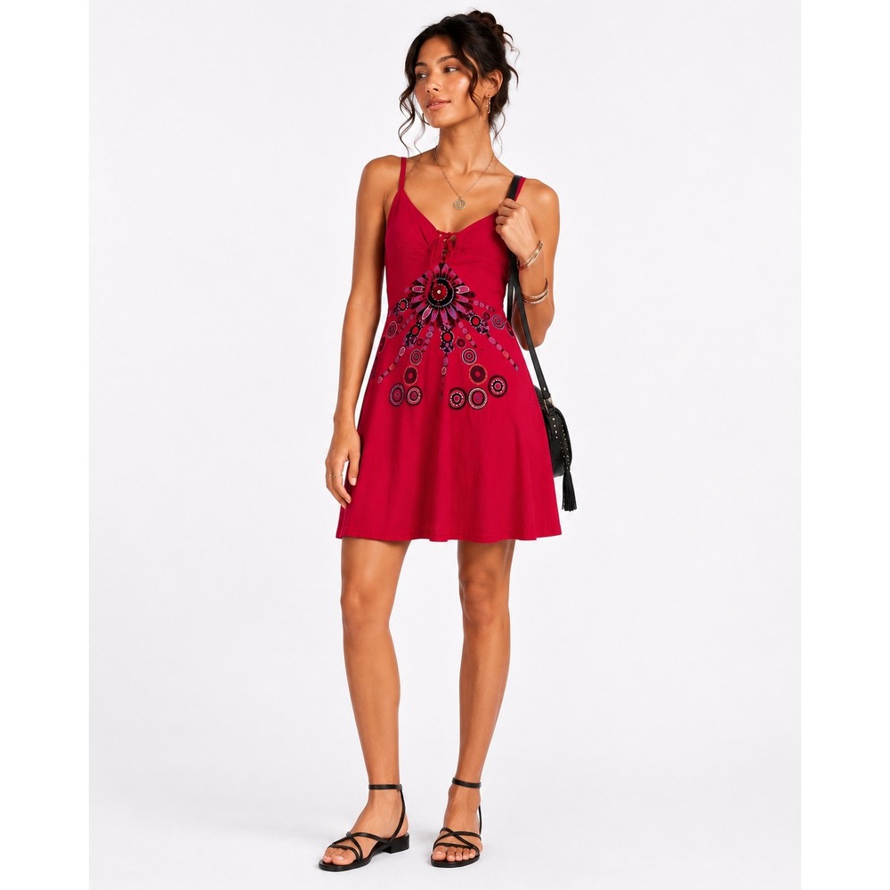 Y2K Babydoll Mini Dress Cotton S Red Embroidered Boho Festival Leopards & Roses